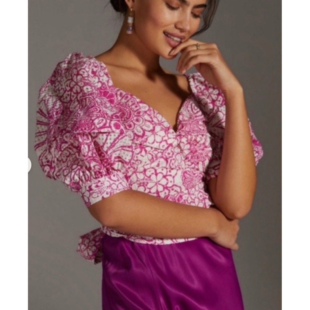 NEW Maeve Anthropologie Wrap Crop Top Womens XS Pink Floral Puff Sleeve Romantic